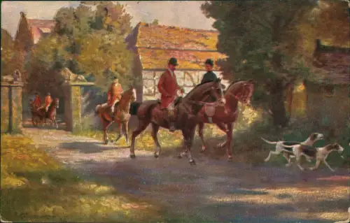 Ansichtskarte  Feine Herrschaften auf der Jagd Hunde Künstlewrkarte 1916