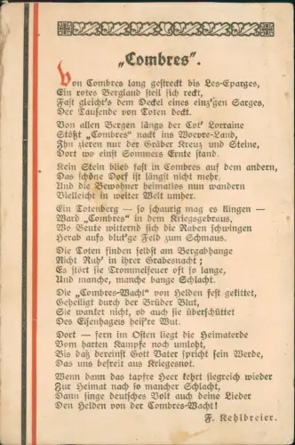 Ansichtskarte  Militär Propaganda 1.WK Liedkarte Combres 1916   Feldpoststempel