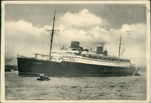 Ansichtskarte  Turbinen-Schnelldampfer Bremen mit Beiboot 1929
