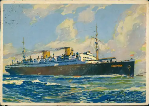 Norddeutscher Lloyd BremenS chnelldampfer Columbus Künstlerkarte 1929