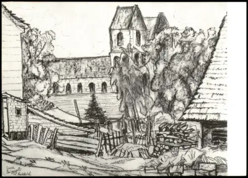 Künstlerkarte TÖPFERDORF FREDELSLOH SOLLING Kreidezeichnung Steigerwald 1980