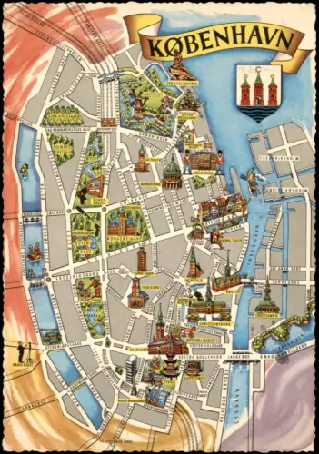 Kopenhagen København Innenstadt City Map Stadtplan mit Sehenswürdigkeiten 1980