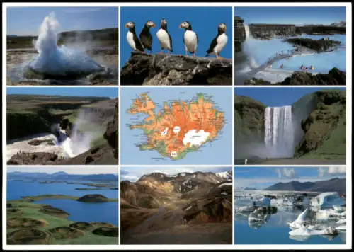 Island Iceland Mehrbildkarte Landschaften, Tiere, Vögel, Landkarte (Map) 2000