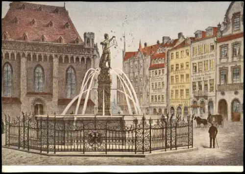 Frankfurt am Main Künstlerkarte Justitiabrunnen nach Kolorierte Xylographie 1974