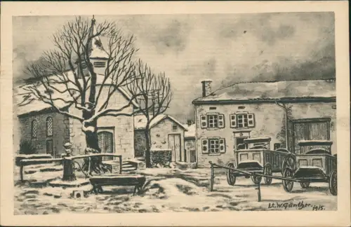 Künstlerkarte - Militär Dorf in Frankreich Lt. W. Günther 1915