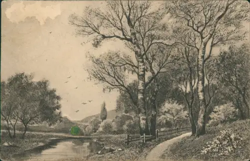 Ansichtskarte  Künstlerkarte Landschaft Fluß Birken 1909