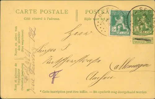 Belgien Belgien Ganzsachen-Postkarte, gebraucht mit Zusatzfrankatur 1910