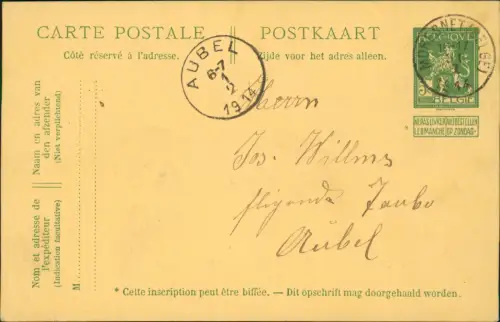 Belgien Belgie Ganzsachen-Postkarte gebraucht 1914  gel  AUBEL Ankunftsstempel