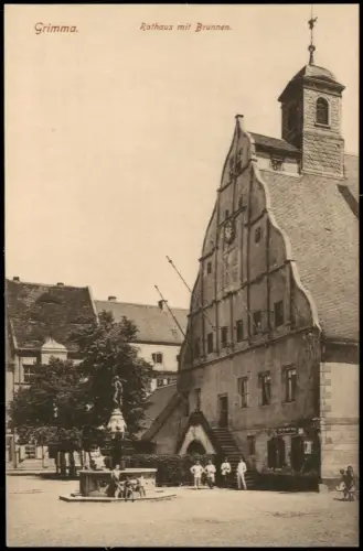 Ansichtskarte Grimma Rathaus mit Brunnen. Soldaten und Kinder 1915