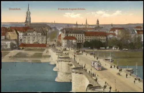 Innere Altstadt-Dresden Friedrich August Brücke Straßenbahn Blick Neustadt 1915