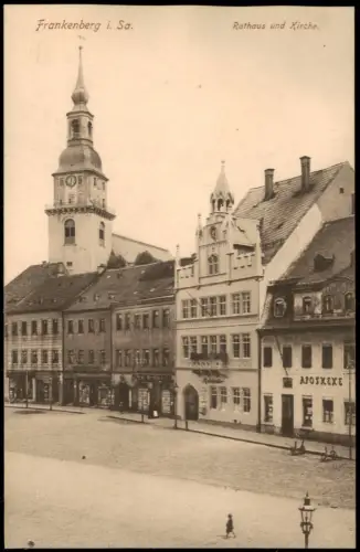 Ansichtskarte Frankenberg (Sachsen) Rathaus, Apotheke und Kirche 1915