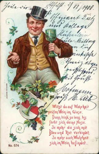 Litho AK Scherzkarten: Alkohol, Trinkerei Mann Zylinder Wein Heraldik 1904