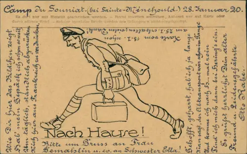 Künstlerkarte handgefertigt Nach Hause Frankreich Kriegsgefagenen Post 1920