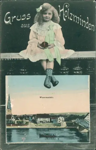 Holzminden Weseransicht - Mädchen auf Geländer 1906 Passepartout