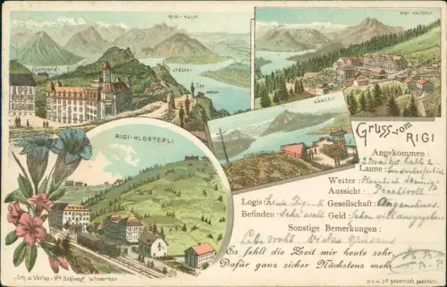 Litho AK Küssnacht am Rigi Gruss vom... Känzli Kulm Klosterli Bahnhof 1898