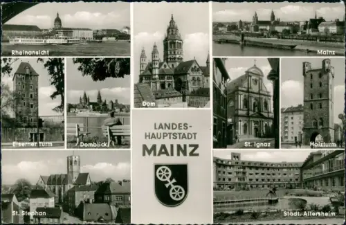 Ansichtskarte Mainz MB: Altersheim Turm Rheinansicht etc 1961