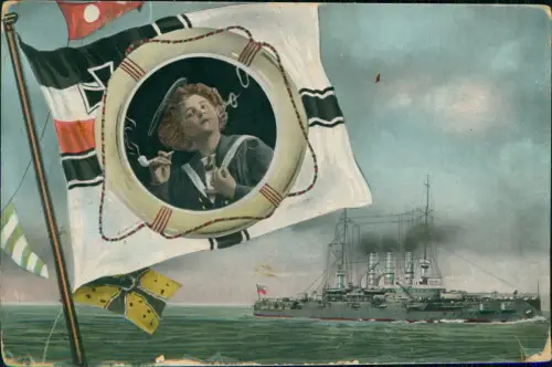 Schiff Kriegsschiff Marine Patriotika WK1 Flagge rauchende Frau 1915