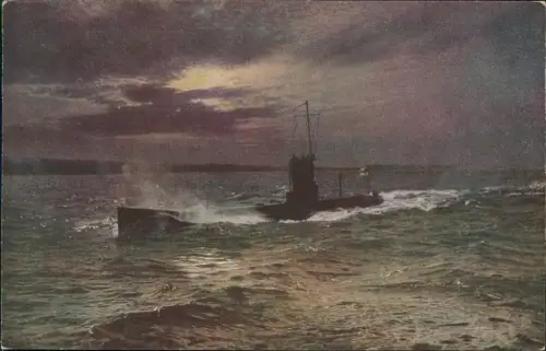 Schiff Kriegsschiff Marine Unterseeboot in voller Fahrt b. Mondschein WK1 1915