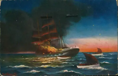 Ansichtskarte Kriegsschiff Marine brennendes Schiff 1915 Marinefeldpost WK1