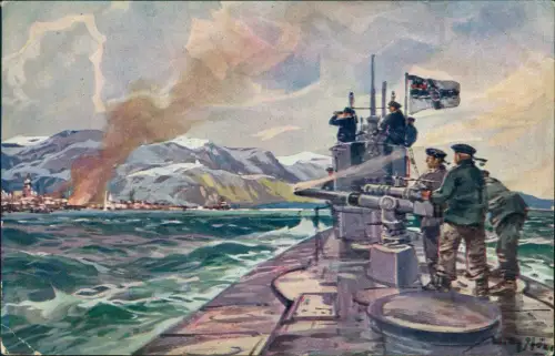 Schiff Kriegsschiff Marine Künstlerkarte Stöwer U-Boot schiesst 1917