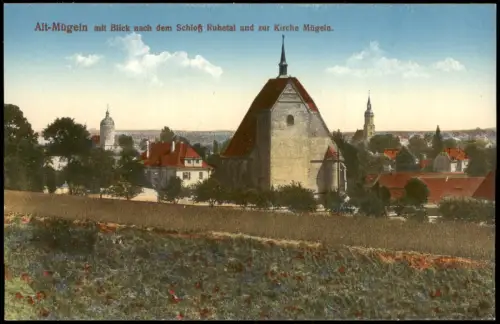 Mügeln Alt-Mügeln mit Blick nach dem Schloß Ruhetal und zur Kirche 1914