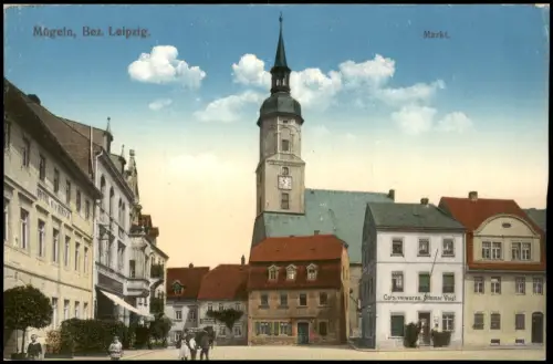 Ansichtskarte Mügeln Marktplatz Colonialwaren Ottomar Voigt 1915