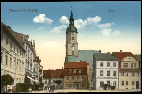 Ansichtskarte Mügeln Marktplatz Colonialwaren Ottomar Voigt 1915