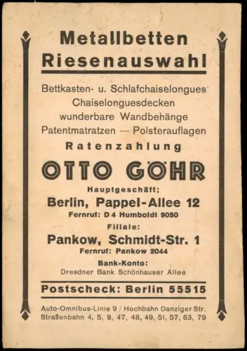 Prenzlauer Berg Berlin Werbekarte Otto Gohr Metallbetten Polsterwaren  1930