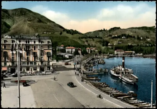 Cartolina Como Piazza Cavour mit Hafen und Hotel Metropole 1950