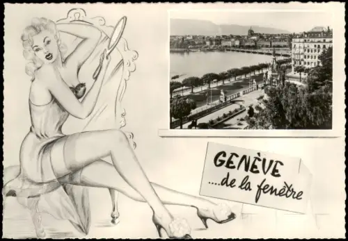 Ansichtskarte Genf Genève Pin-up Illustration mit Stadtansicht von Genf 1955