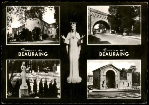 Beauraing Mehrbildkarte mit Schloss und Statue Unserer Lieben Frau von Beauraing 1950