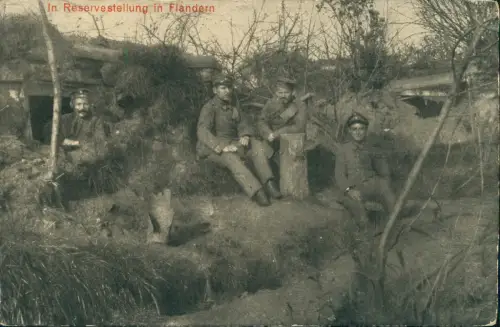 Ansichtskarte  In Reserve stellung in Flandern Soldaten 1916  gel. diverse Feldpoststempel