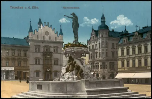 Tetschen-Bodenbach Decín Marktplatz Marktbrunnen. Geschäfte 1915