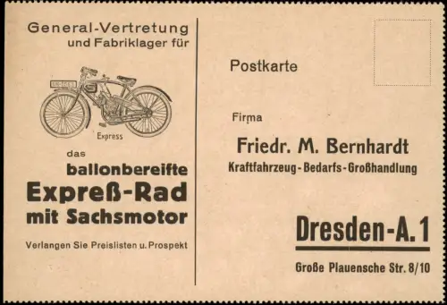 Dresden Reklame Firmen-Postkarte Ballonbereiftes Expreß-Rad mit Sachsmotor 1920