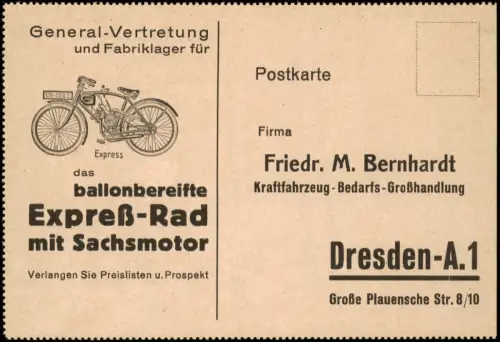 Dresden Firmen-Postkarte/Werbung Ballonbereiftes Expreß-Rad mit Sachsmotor 1920