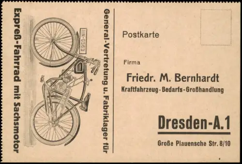 Dresden Reklame Firmen-Postkarte Werbung Expreß-Rad mit Sachsmotor 1920