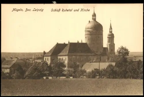 Ansichtskarte Mügeln Schloß Ruhetal und Kirche 1915