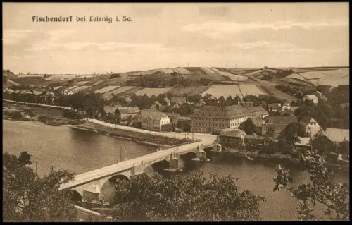 Ansichtskarte Fischendorf-Leisnig Panorama und Brücke 1915