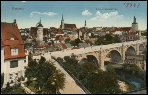 Ansichtskarte Bautzen Budyšin Stadtpartie Kronprinzenbrücke. 1915