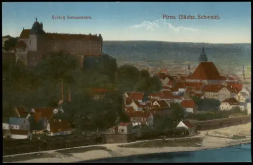 Ansichtskarte Pirna Stadt und Schloß Sonnenstein 1915