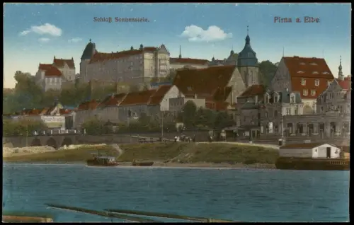 Ansichtskarte Pirna Stadt und Dampferanlegestelle 1915