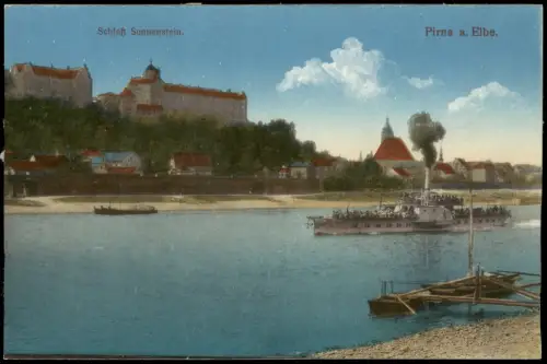 Ansichtskarte Pirna Schloß Sonnenstein Dampfer Fähranleger 1915