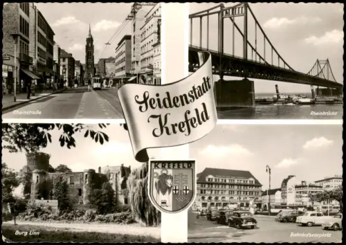 Krefeld Crefeld Mehrbild-AK mit Rheinstraße Rheinbrücke Burg Linn Bahnhof-Vorplatz 1961
