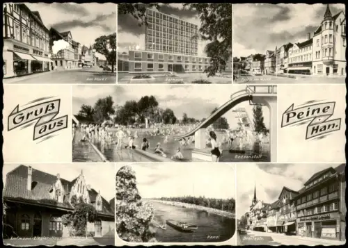 Peine Mehrbild-AK mit Badeanstalt, Ziegler-Haus, Kanal, Markt uvm. 1957