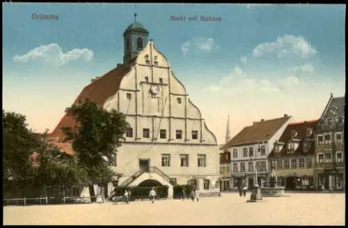 Ansichtskarte Grimma Markt mit Rathaus, Geschäfte 1915
