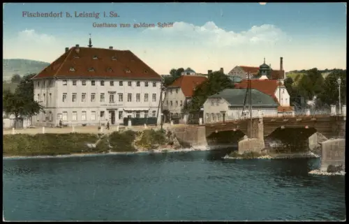 Ansichtskarte Fischendorf-Leisnig Gasthaus zum goldnen Schiff 1915