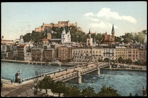 Salzburg Panorama-Ansicht, Teilansicht mit Brücke u. Festung 1909