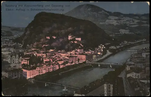 Salzburg Panorama-Ansicht vom Elektr. Aufzug in Scheinwerferbeleuchtung 1912