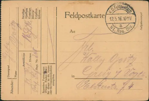 Ansichtskarte  Feldpostkarte 1. WK 1916  Feldpost-Stempel der 81. Res. Division