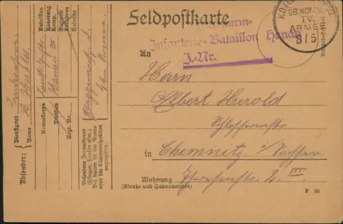 Ansichtskarte  Feldpostkarte 1. Weltkrieg 1915 Feldpost gelaufen nach Chemnitz